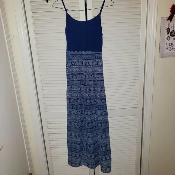 rue 21 navy blue dress Rue 21 Spaghetti Strap Navy Blue Elephant Design Maxi Dress
